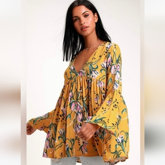 Free People OB815445 Bella Golden Yellow Floral Tunic / Mini Dress Size Small - Picture 2 of 16